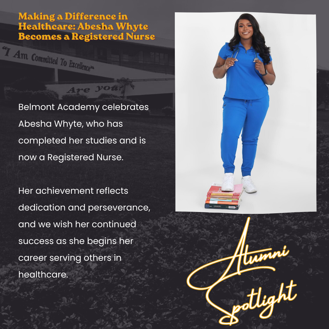 Celebration announcement for Abesha Whyte becoming a registered nurse, featuring a young woman in blue nursing scrubs standing on a stack of books, smiling, with celebratory text and photos of a school building in the background.