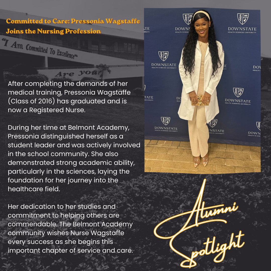 A woman in a cream-colored outfit and white lab coat standing in front of a blue backdrop with the Downstate Health Sciences University logo, smiling and holding a small golden clutch. The image celebrates Pressonia Wagstaff's achievement as a new registered nurse, highlighting her academic journey and community involvement.