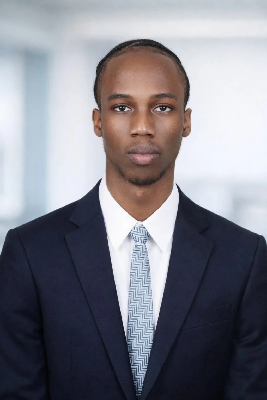 Professional young African American man in a suit and tie, looking directly at the camera, with a blurred office background.