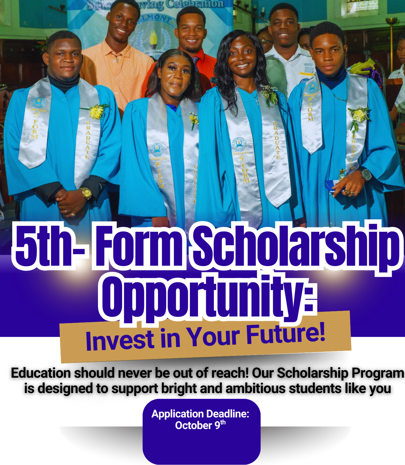 A group of young students in blue graduation gowns and sashes standing together at a graduation ceremony. The background has banners and decorations, and the students are smiling, celebrating their achievement.
