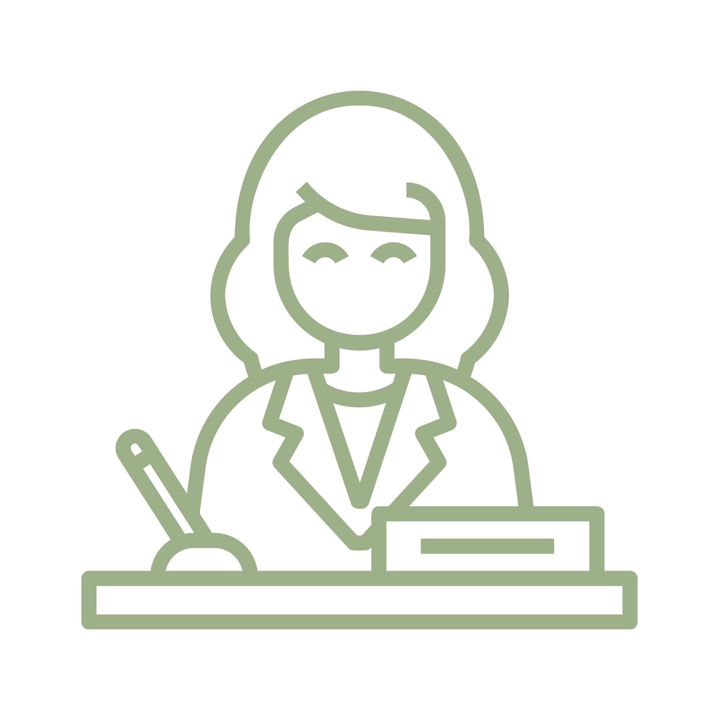 Secretary of State Renewals. Line drawing of a woman sitting at a desk with a pen in her hand and a nameplate in front of her.