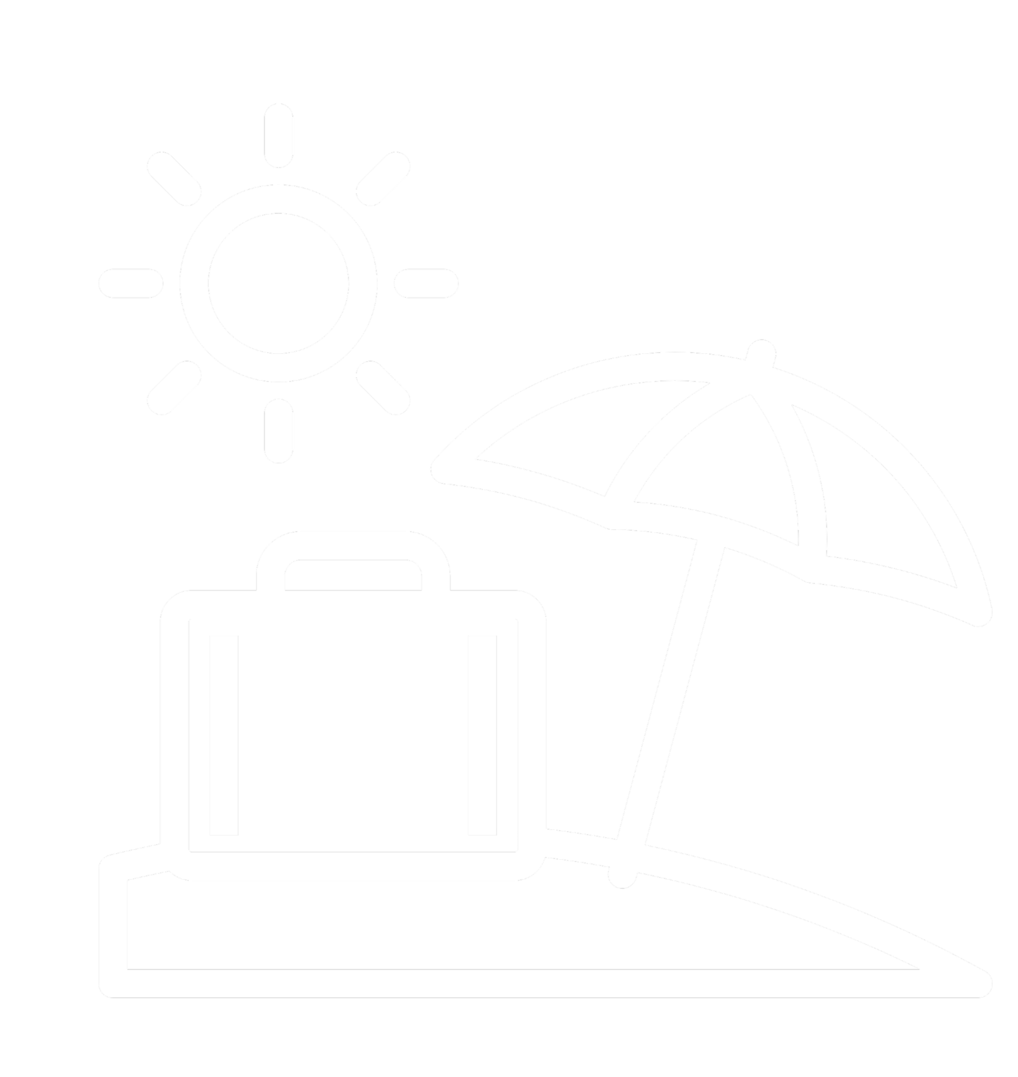 Retirement and Pension Planning. Outline of a beach scene with a sun, an umbrella, and a suitcase on sand.