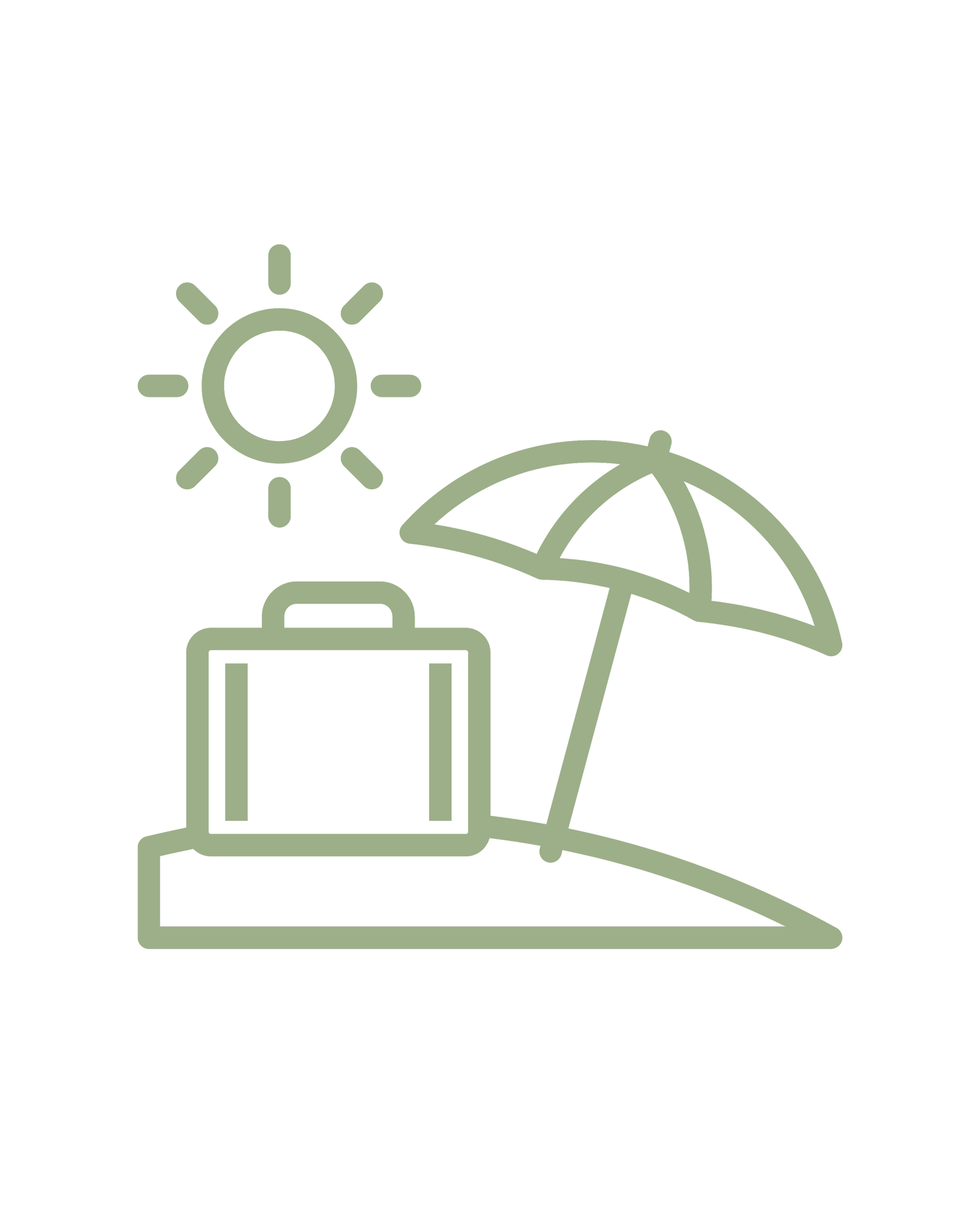 Retirement & Pension Reporting. Outline illustration of a suitcase, beach umbrella, sun, and sand on a black background.