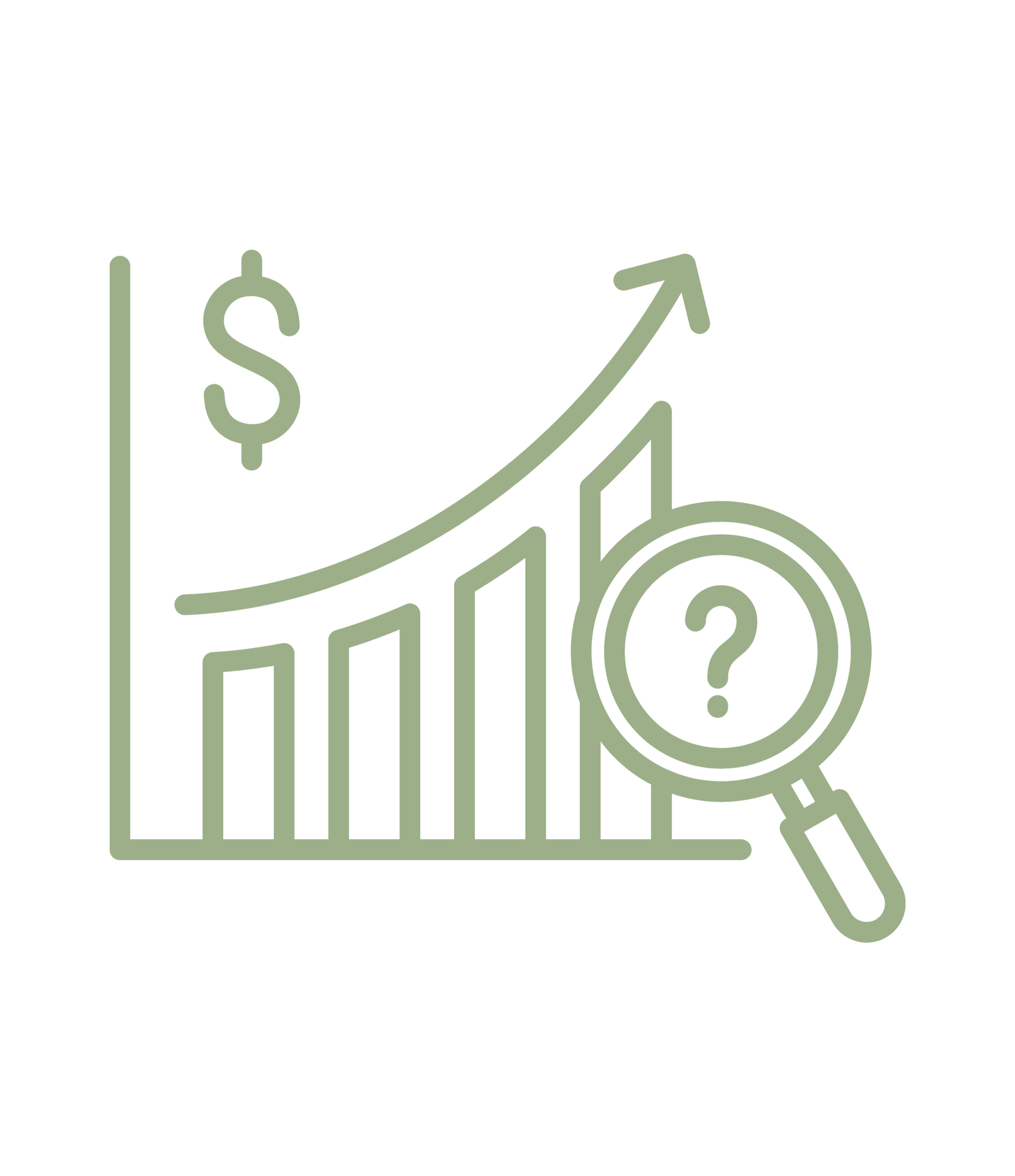 Budgeting and Forecast Planning. Line graph showing increasing dollar amount alongside a magnifying glass with a question mark.