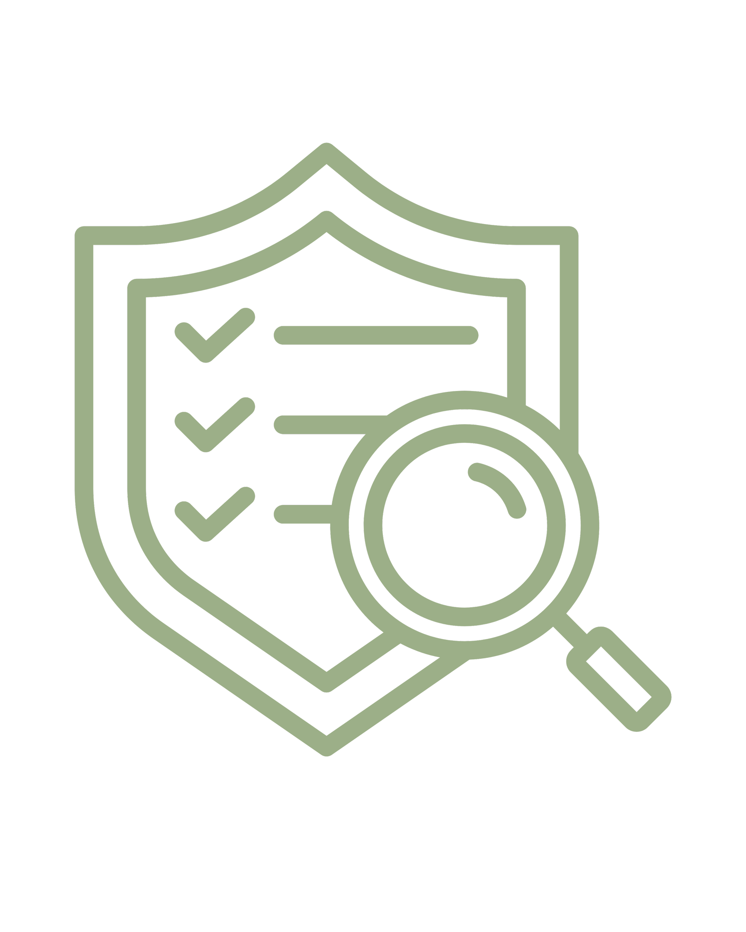 Insurance Audit Filings. Outline icon of a shield with a checklist and a magnifying glass, symbolizing security or protection review.