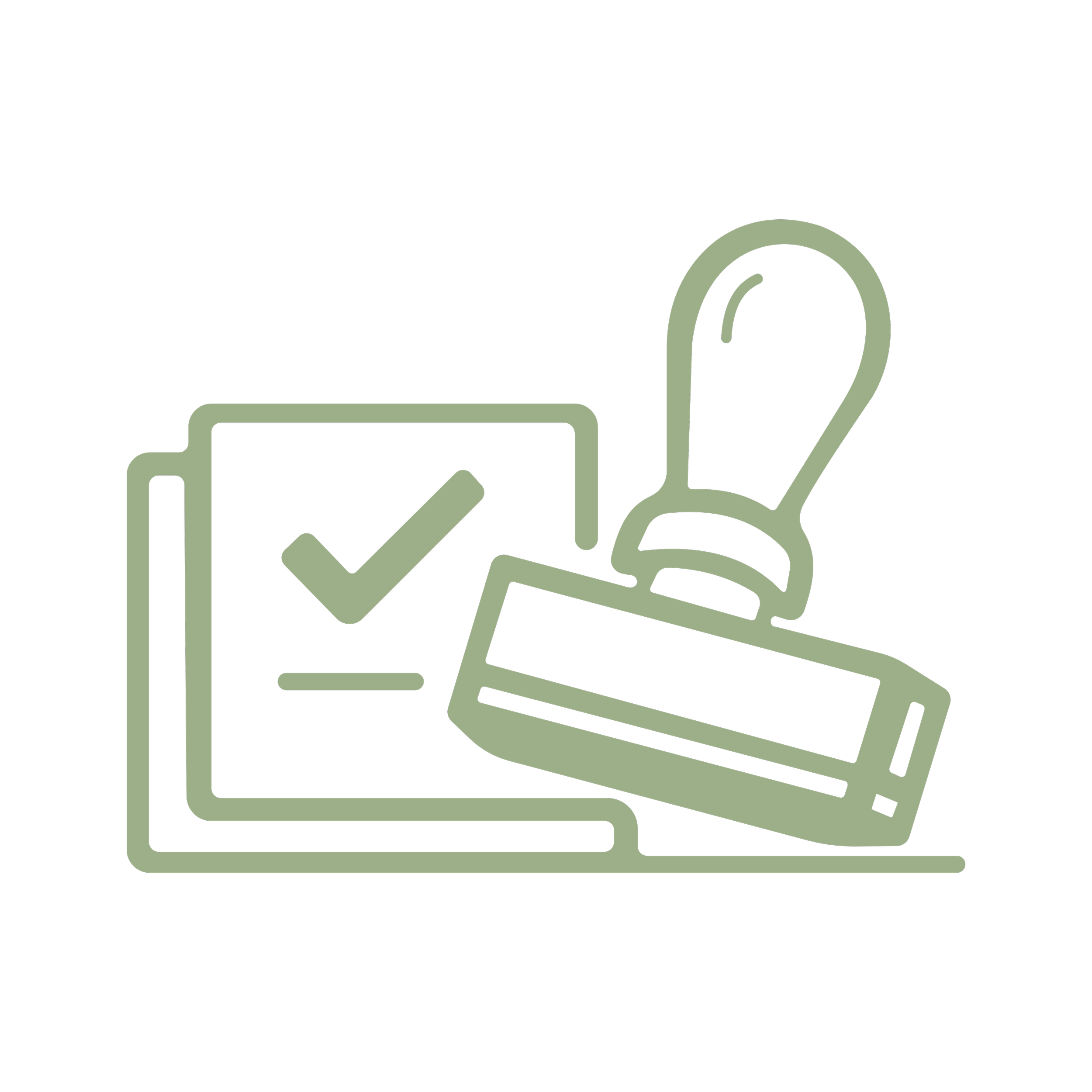 Form 1099 filings. Line art icon of a laptop with a checkmark on the screen, a rubber stamp, and a light bulb.