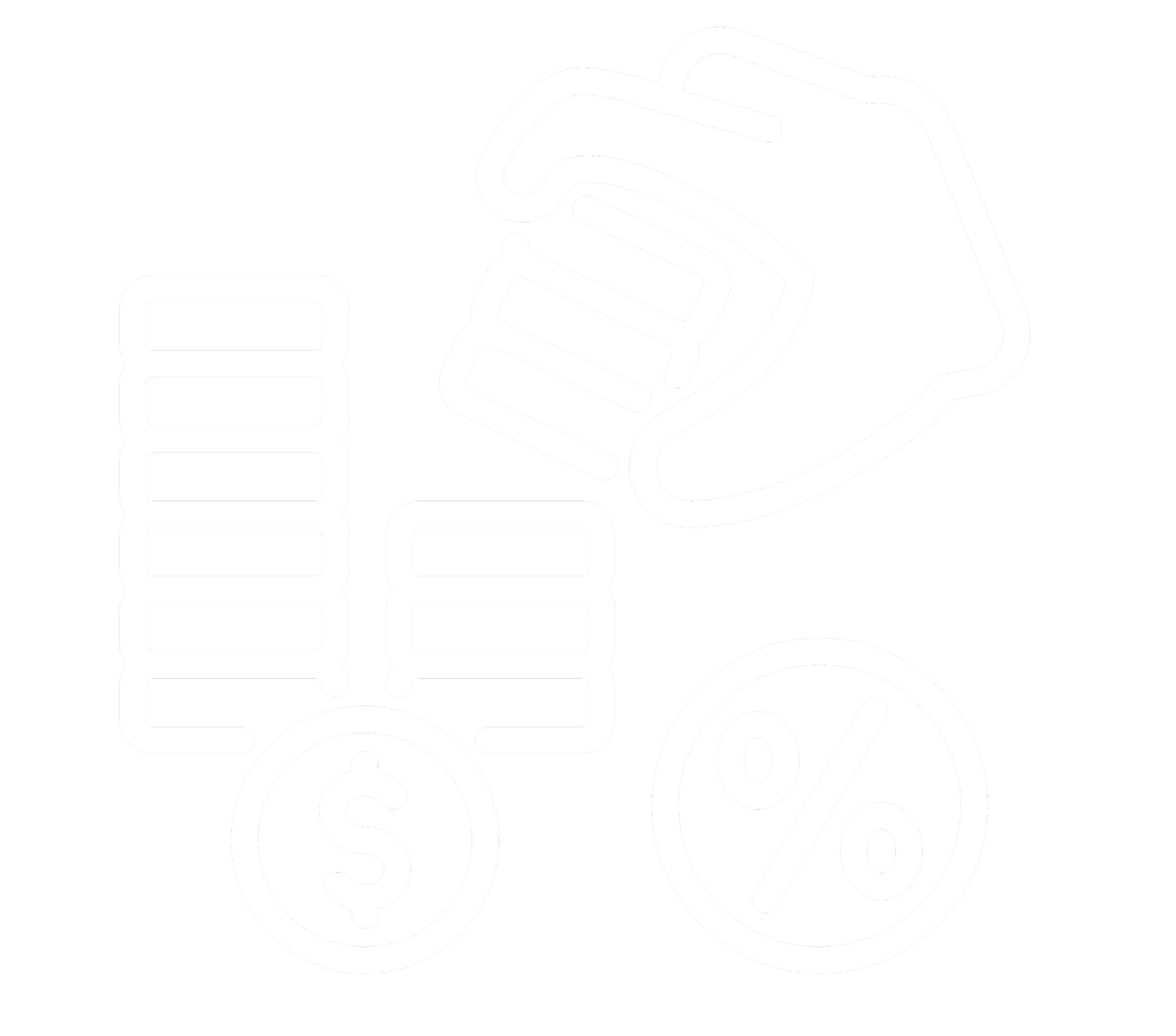 Line drawing of a hand stacking coins, with a dollar sign on one coin and a percentage sign on another coin.