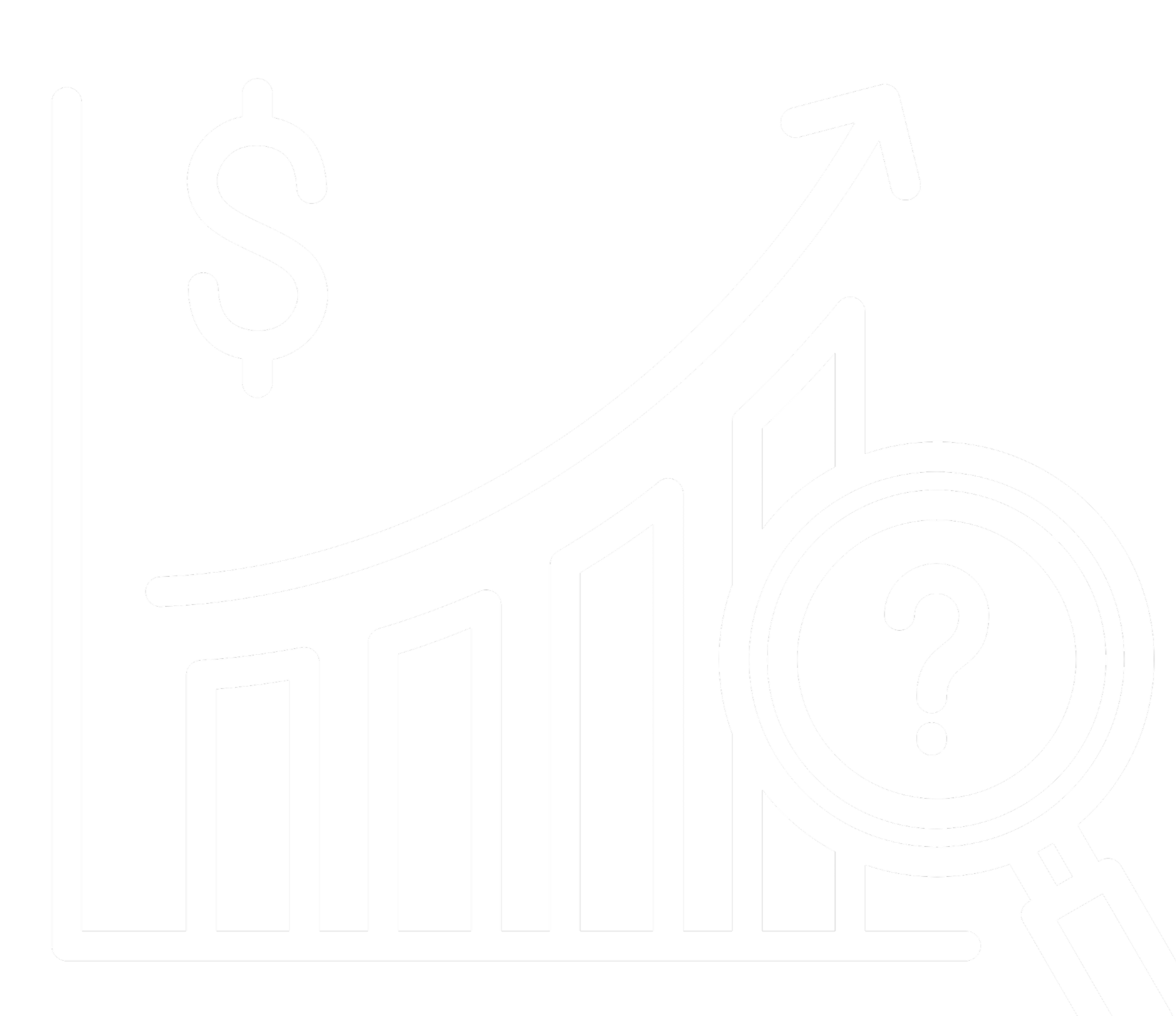 Budgeting and Forecast Planning. A white line graph and bar chart, a magnifying glass with a question mark, and a dollar sign.