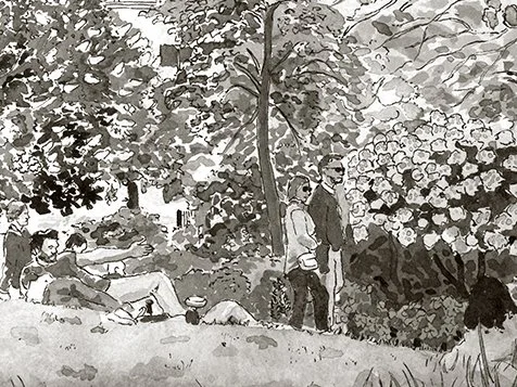 Groupe de personnes dans un parc avec des arbres et des fleurs, certains assis sur l'herbe, d'autres debout.