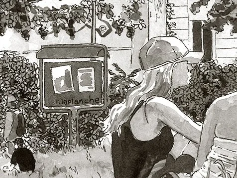 Une femme assise dans un parc, portée d'un chapeau, avec des fleurs et un panneau d'affichage