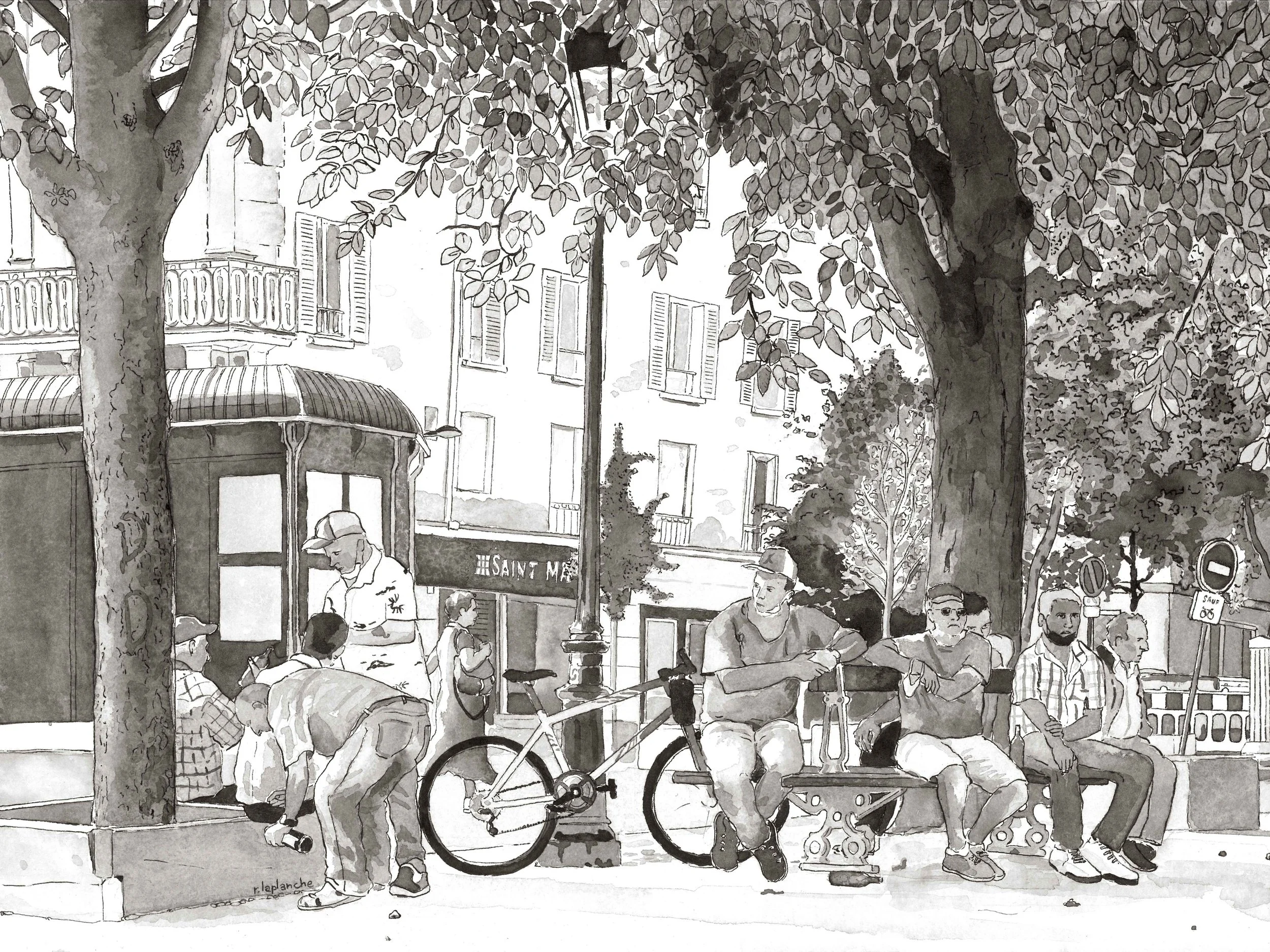 dessin banc public vie de quartier petanque paris sous un arbre