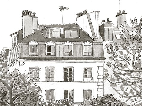 Illustration d'un immeuble résidentiel avec plusieurs fenêtres, toits avec cheminées et arbres environnants.