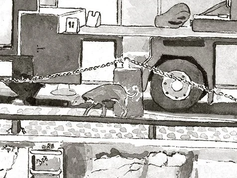 Un rat dans un entrepôt ou une zone industrielle, avec des chaînes attachant de l'équipement et des structures métalliques autour.