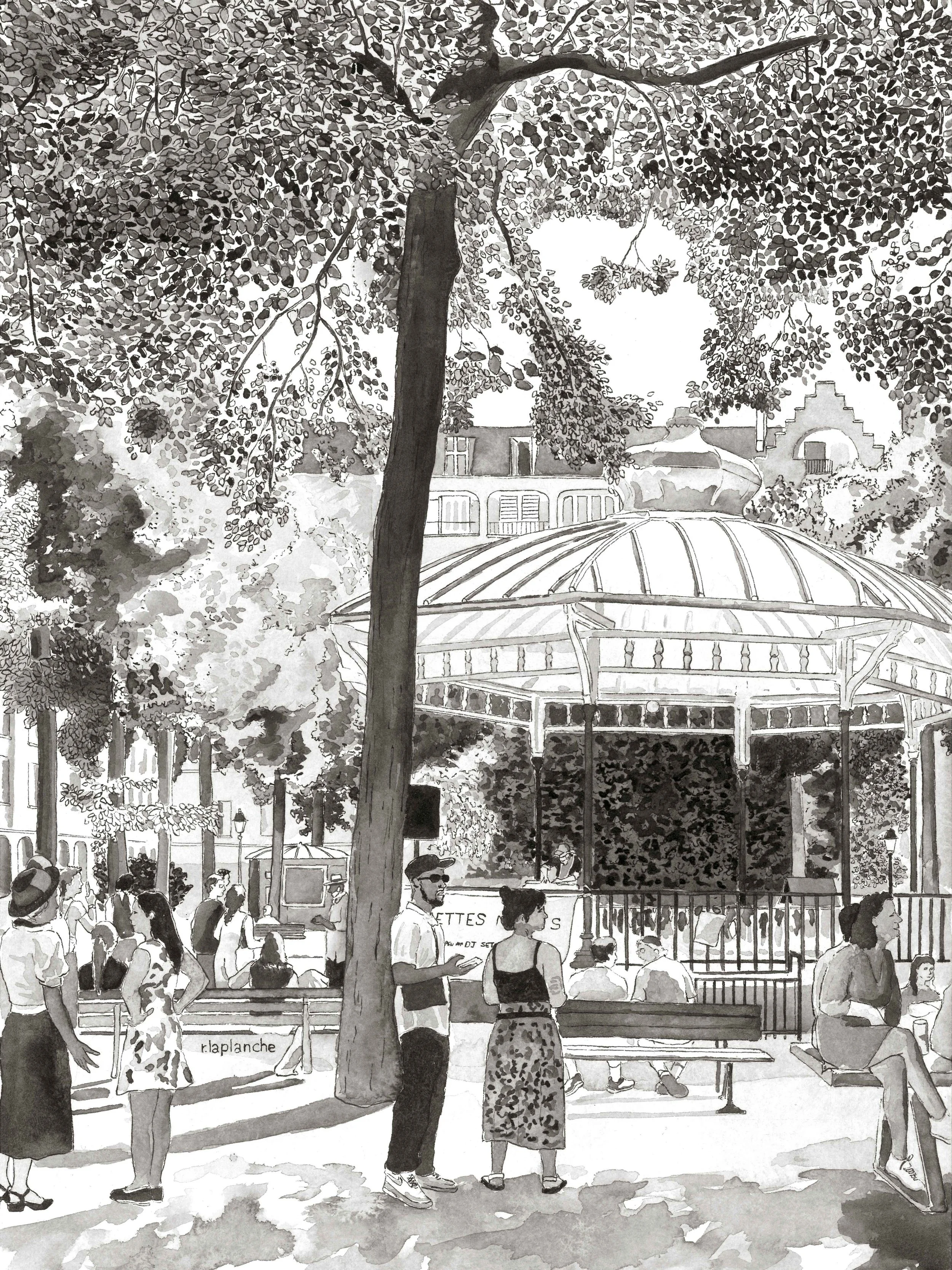kiosque paris sous un arbre dessin