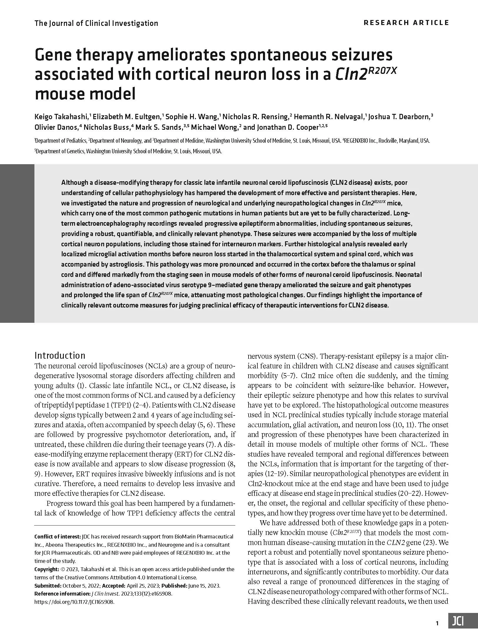 Scientific journal article titled 'Gene therapy ameliorates spontaneous seizures associated with cortical neuron loss in a Cln2R207X mouse model', with authors and affiliations, abstract, and introduction sections.
