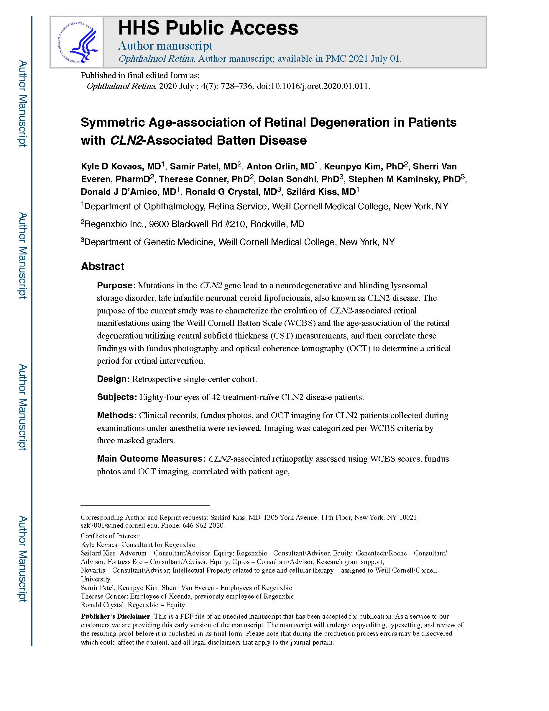 Title page of a scientific publication titled 'Symmetric Age-association of Retinal Degeneration in Patients with CLN2-Associated Batten Disease', showing author names and affiliations, abstract, and disclaimers.
