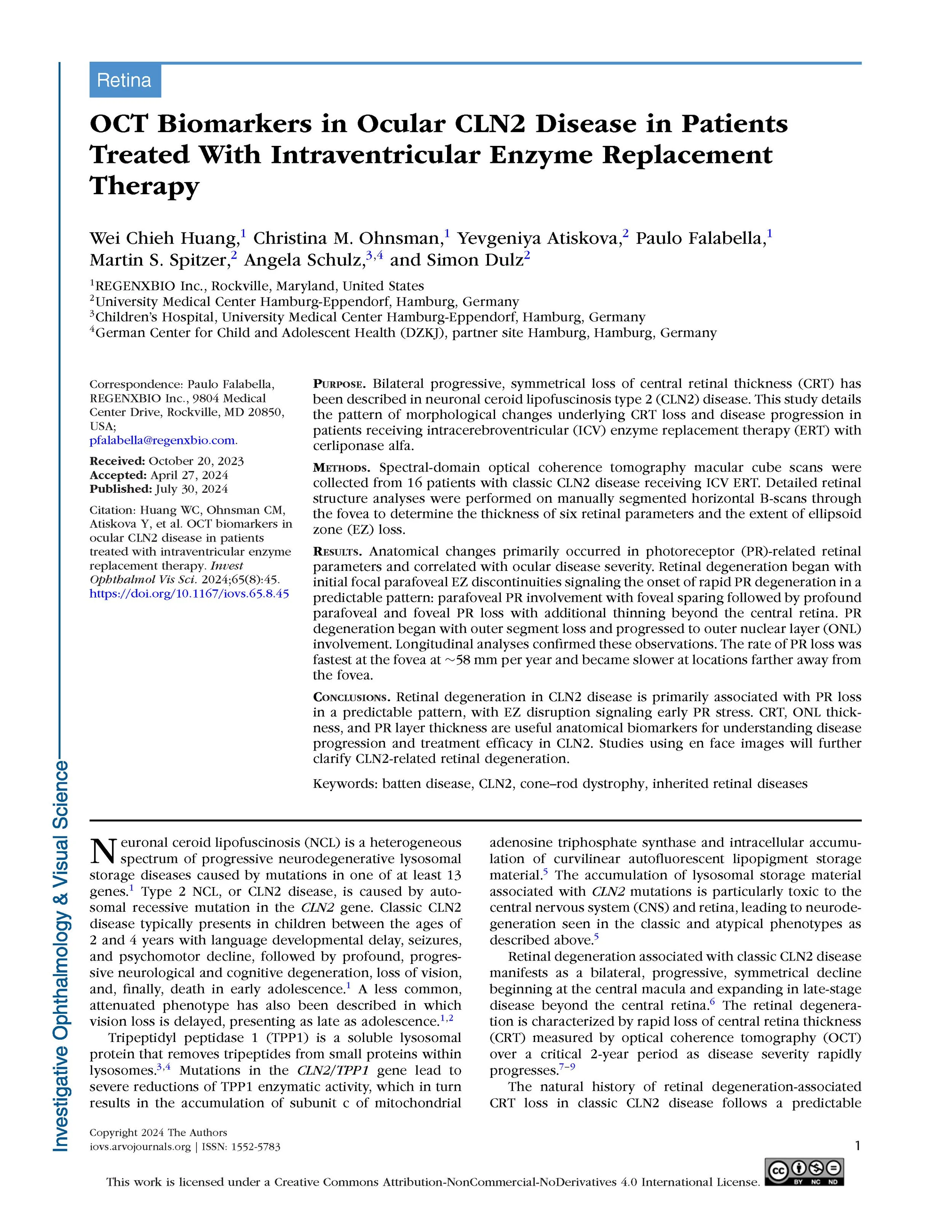 Scientific research paper titled 'OCT Biomarkers in Ocular CLN2 Disease in Patients Treated with Intravenous Enzyme Replacement Therapy' with author details, publication information, and an abstract discussing retinal degeneration, PR parameters, and optical coherence tomography images.