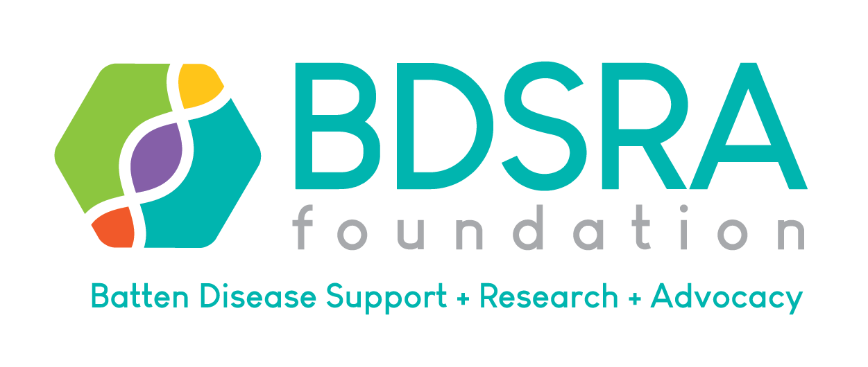 Logo of the BDSRA Foundation with a colorful hexagonal shape and the text 'Batten Disease Support + Research + Advocacy'.