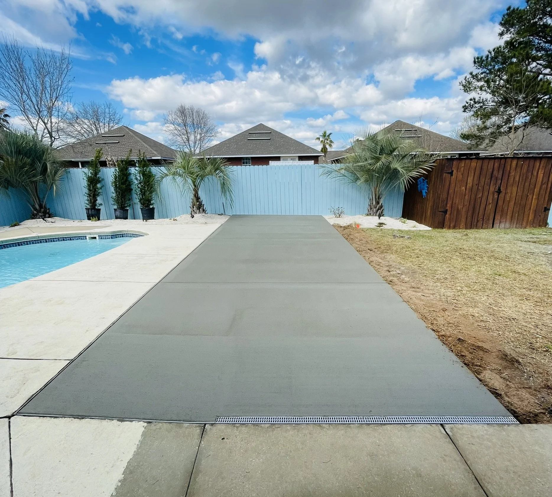 Backyard with a new concrete walkway, pool, palm trees, blue fence, and a wooden fence.