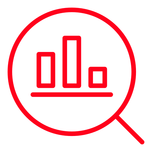 A red magnifying glass icon with a bar graph inside the lens.