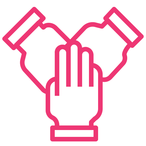 Three hands at a handshake with a hand in front of them, representing cooperation or partnership.