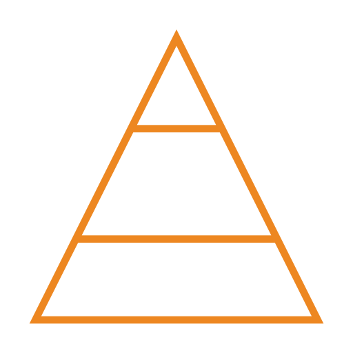 Outline of a pyramid divided into three horizontal sections with a small triangle at the top, all in orange.