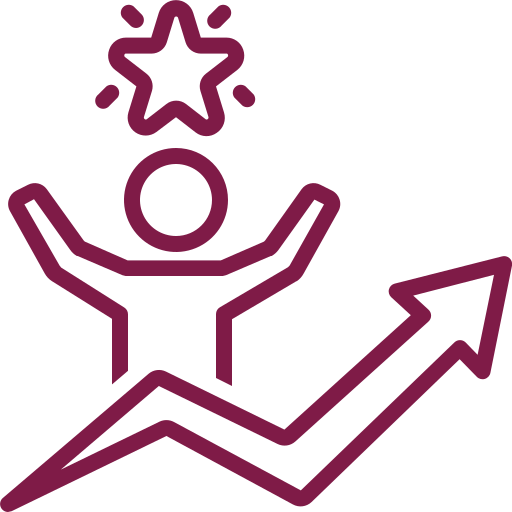 Line drawing of a person with arms raised, a star above their head, and an upward trending arrow.