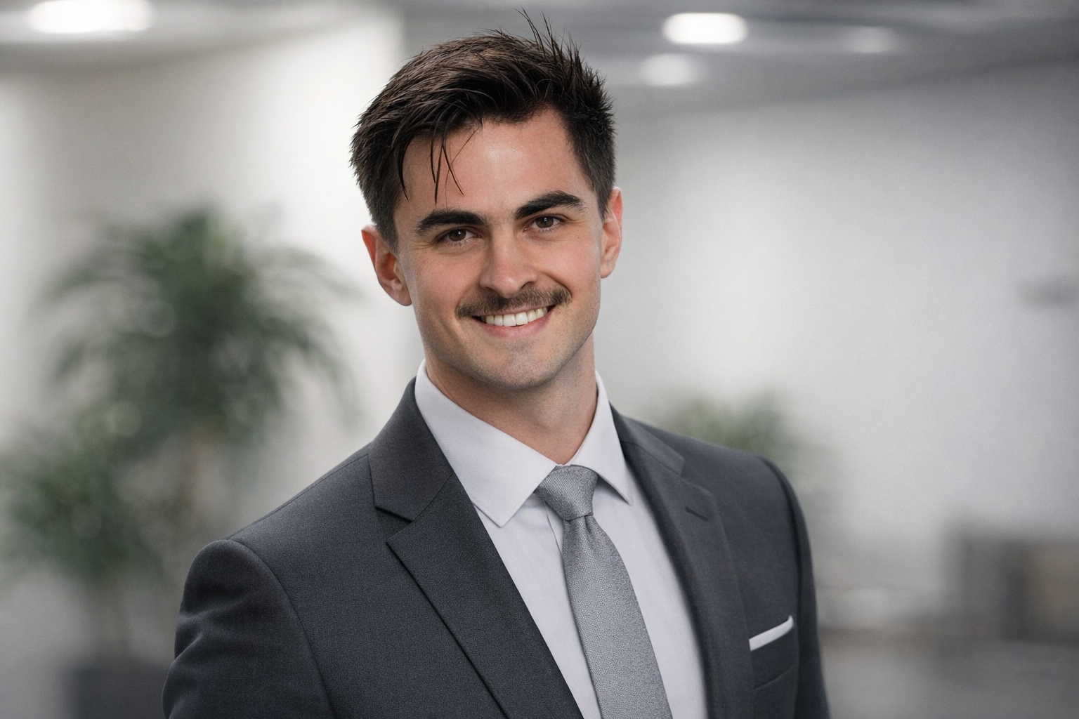 A young man with dark hair, styled with volume, smiling and dressed in a dark suit, white shirt, and gray tie, standing in an office environment with blurred background and potted plants.