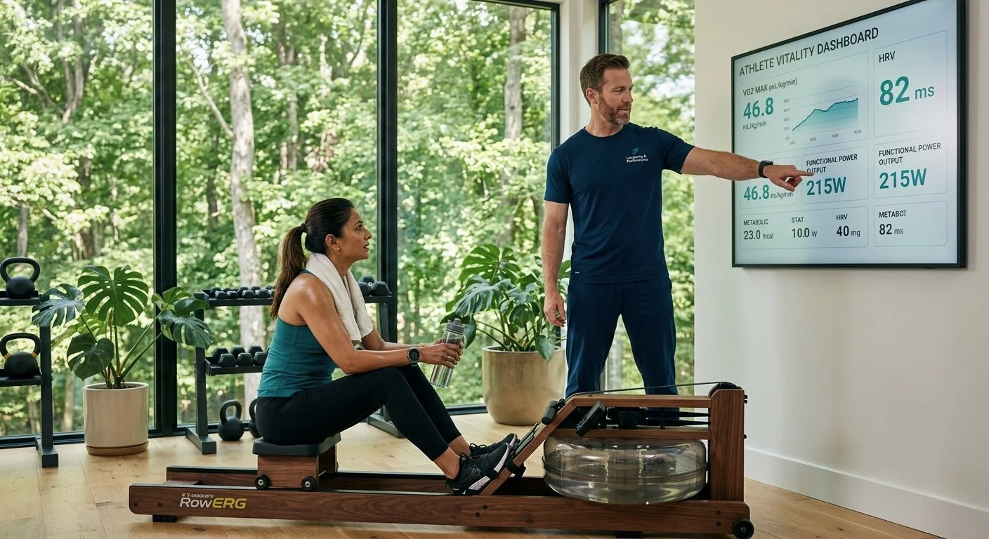 A client and coach reviewing real-time metabolic data during an Integrated Capacity Training session, illustrating the Anticipatory Preservation Framework.