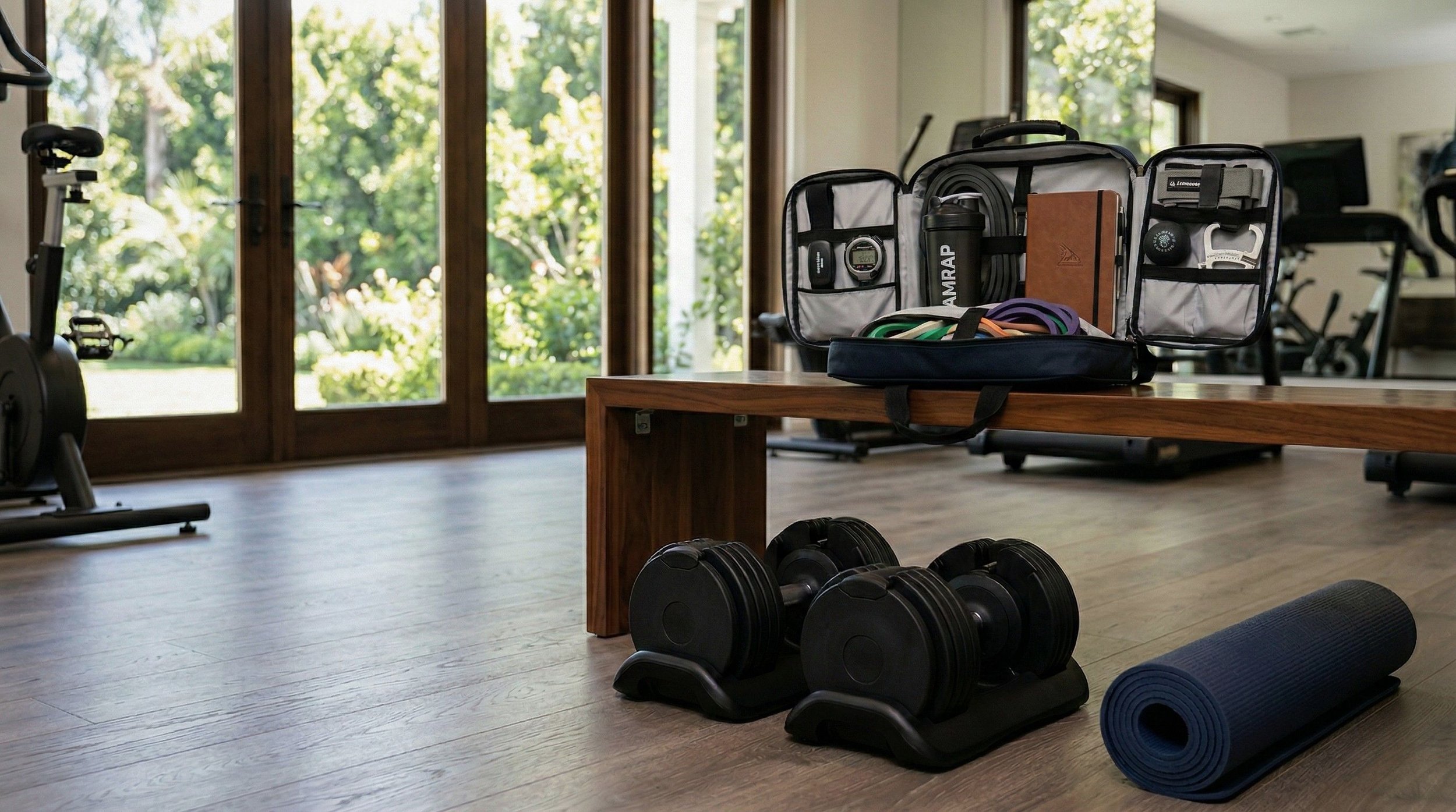 Professional-grade Integrated Capacity Training (ICT) equipment and a longevity protocol ledger arranged on a modern wood bench in a biophilic home gym in Lancaster, PA.