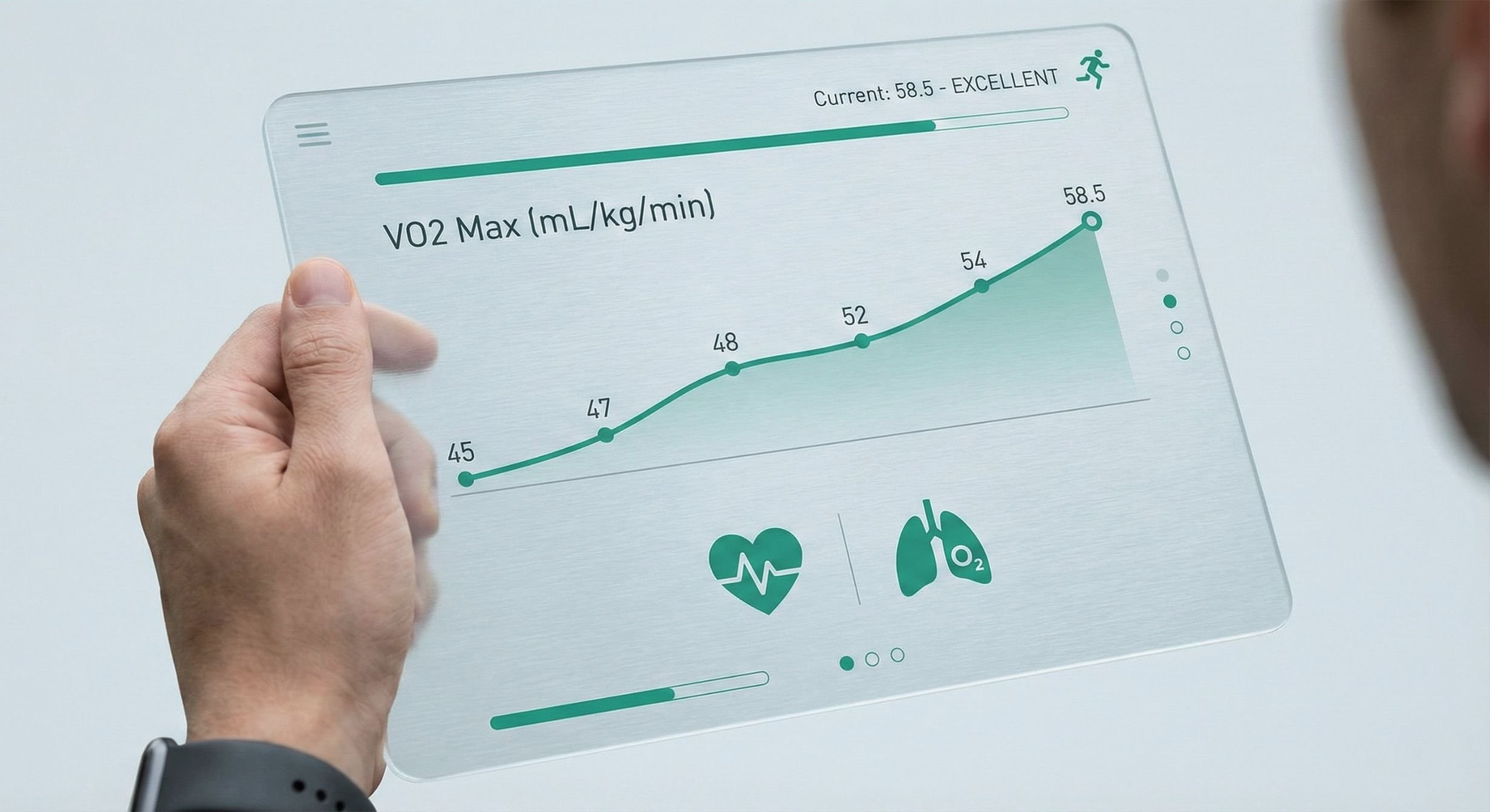 A high-resolution clinical data dashboard displaying VO2 Max peaks and metabolic metrics, representing the data-driven Anticipatory Preservation Framework for healthspan optimization.