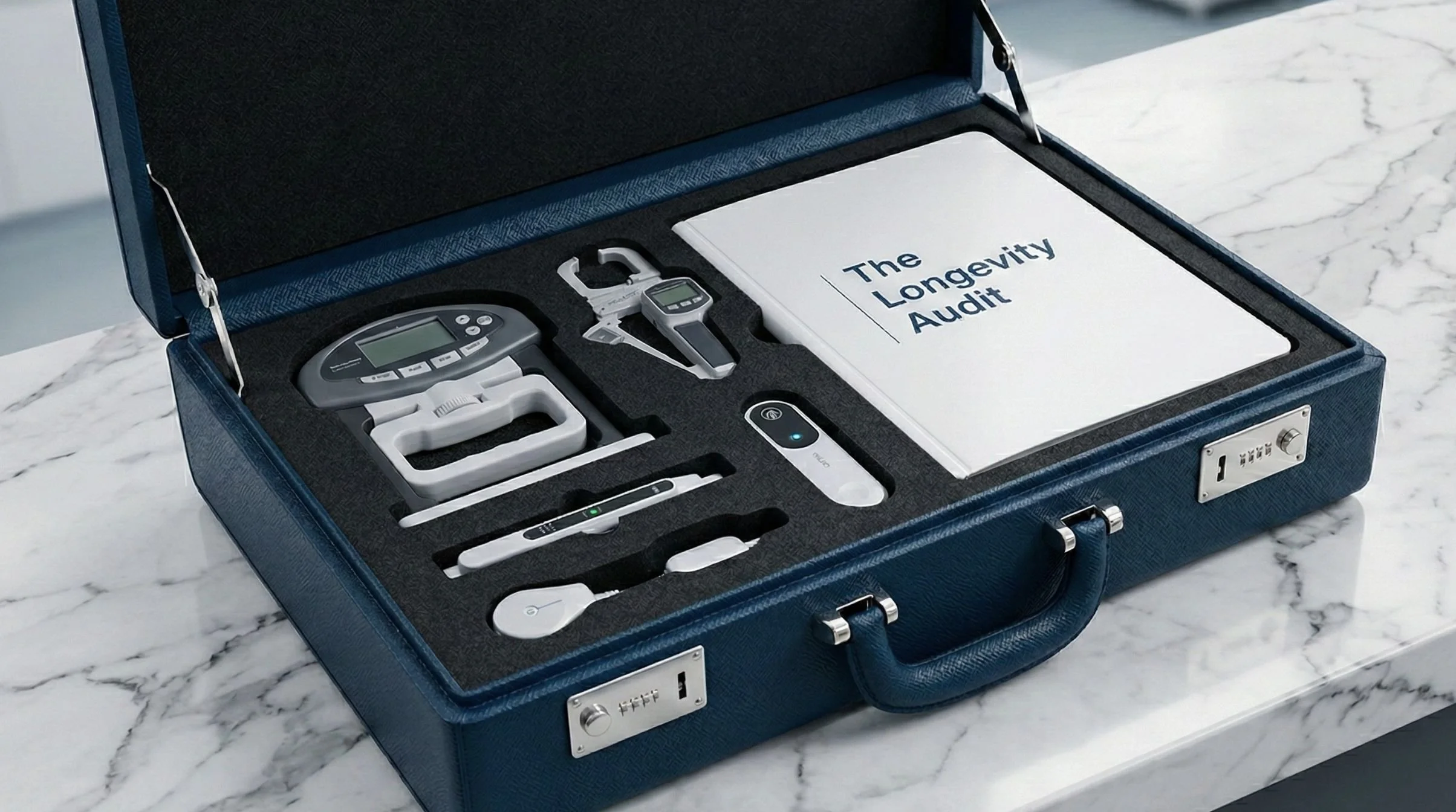 A professional Outpace clinical toolkit for the Longevity Audit in Lancaster, PA, featuring high-precision diagnostic sensors used to quantify a client's proprietary Biological Buffer.