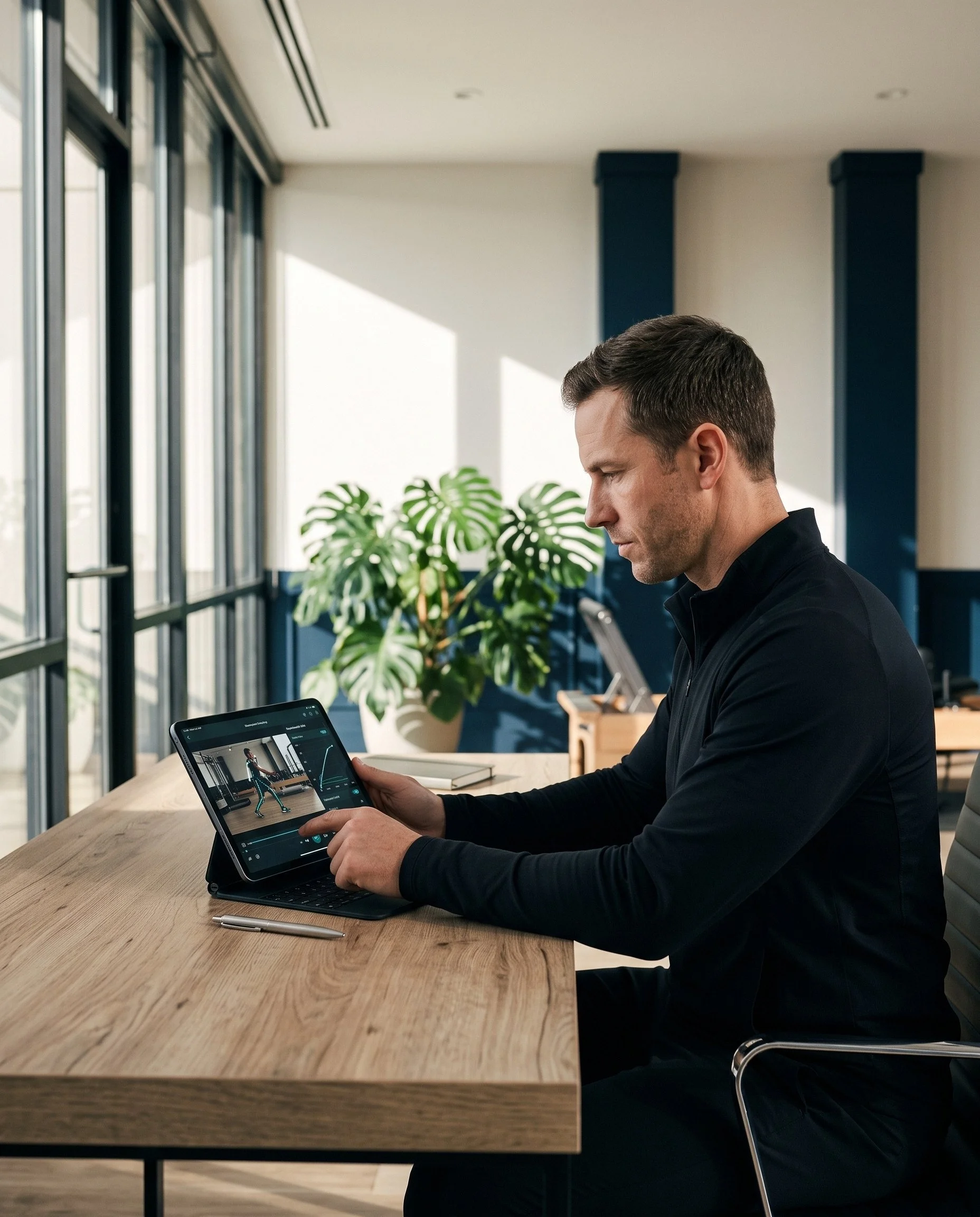 "An Outpace Fitness Club professional coach in a matte-black uniform sitting at a modern driftwood desk in a luxury wellness office, conducting a live virtual diagnostic sync and asynchronous biomechanical video review on a digital tablet.