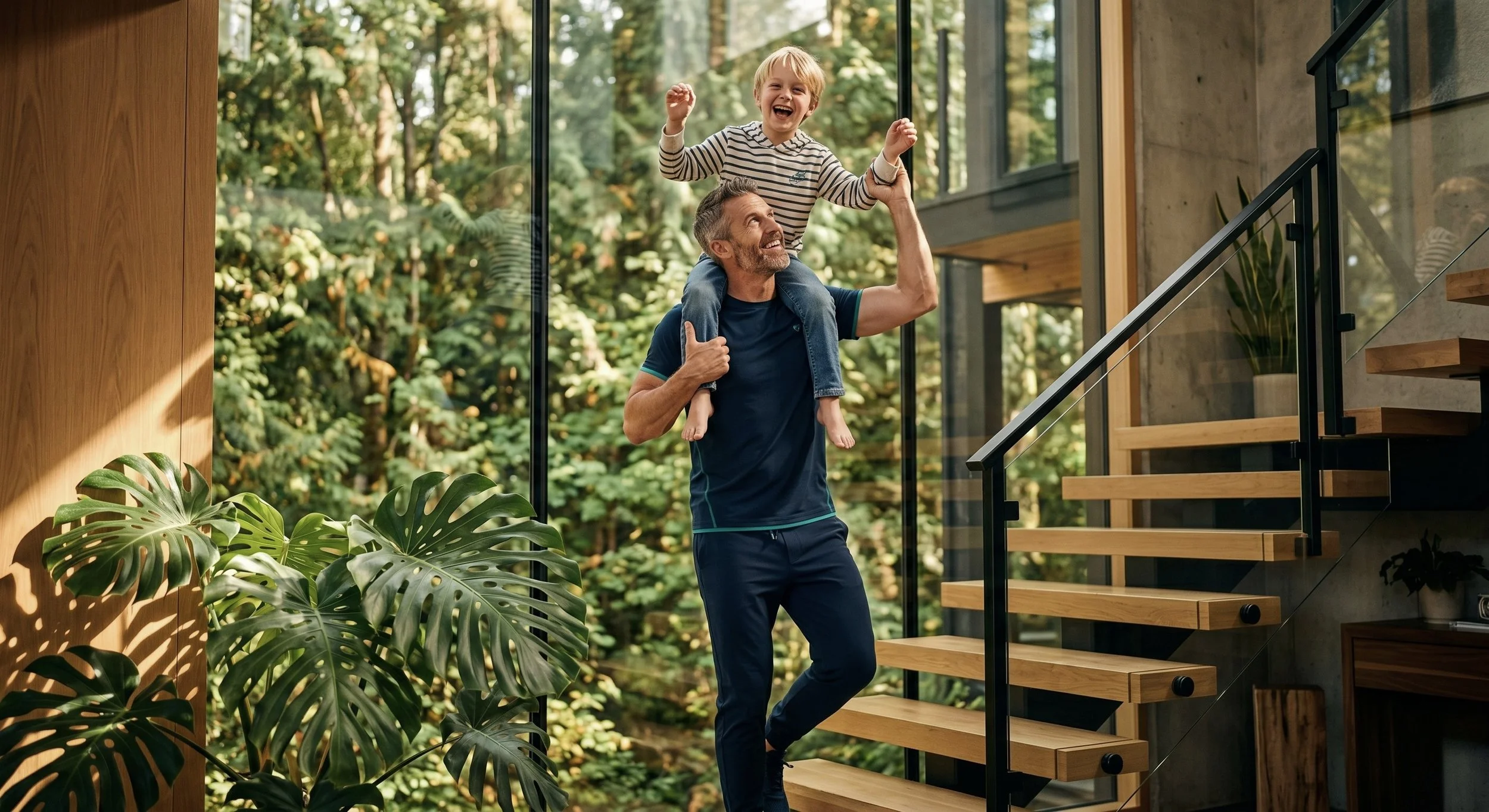 A fit rejuvenation athlete demonstrating the functional dividend of longevity coaching by effortlessly engaging in high-energy family life in a modern, biophilic home.
