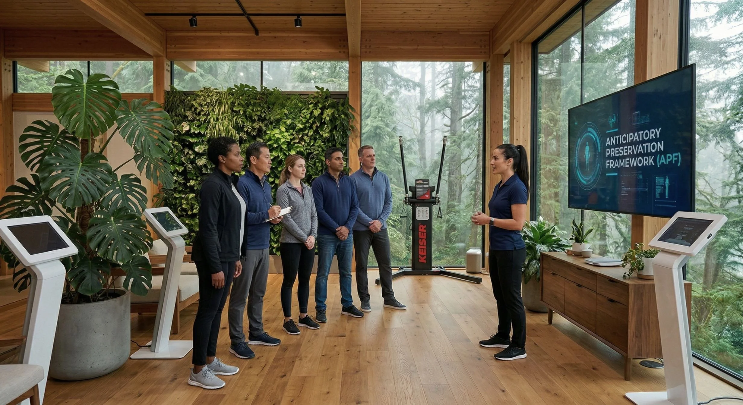 An executive team attending a Corporate Performance Suite seminar on the Anticipatory Preservation Framework to mitigate biological depreciation and burnout.