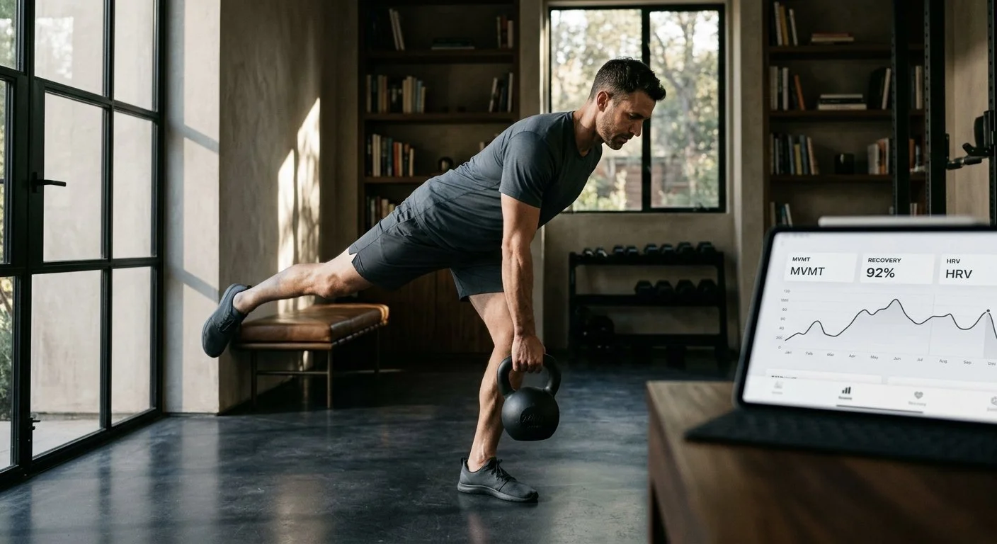 "A rejuvenation athlete performing precision-based longevity training in a minimalist studio, guided by data-driven biometric insights for functional health and peak performance.