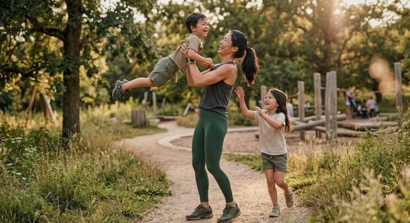 A fit mother lifting her children in a lush, outdoor setting, illustrating the Functional Dividend of training for future autonomy to enjoy high-energy family life today.