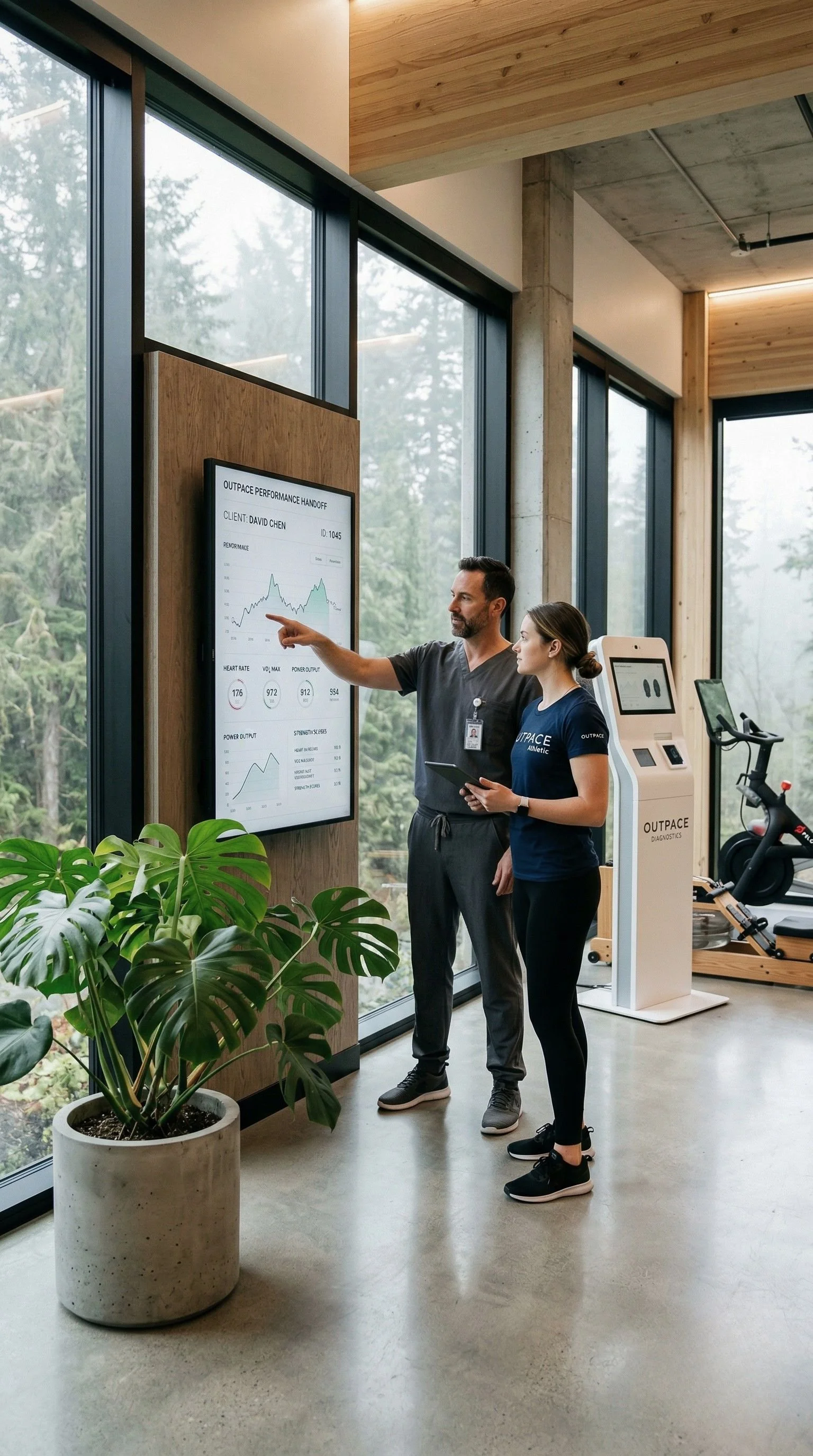 A clinical specialist and longevity coach reviewing a patient’s performance handoff on a large screen, facilitating a seamless bridge for allied health referrals.