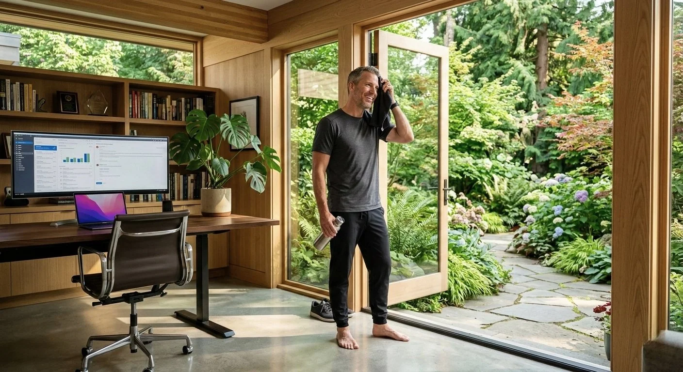 A high-performing Lancaster executive concluding an in-home Integrated Capacity Training session, representing the Vitality Horizon and the Functional Dividend of peak daily energy.