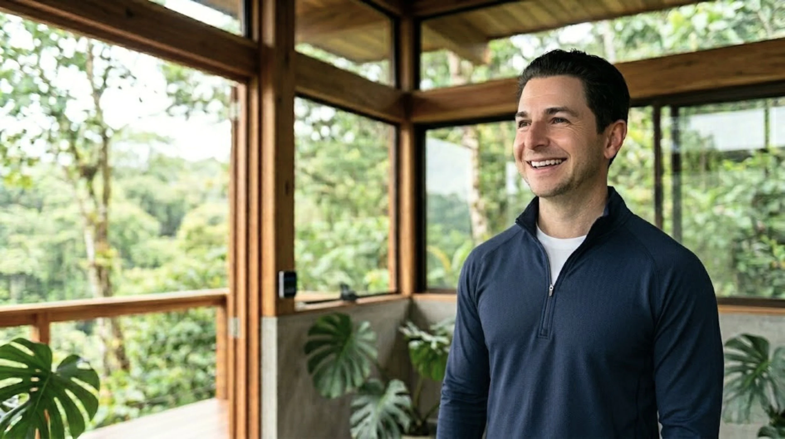 Outpace founder Scott Bridgehouse in a sophisticated biophilic setting, bridging the gap between clinical longevity science and in-home performance training in Lancaster, PA.