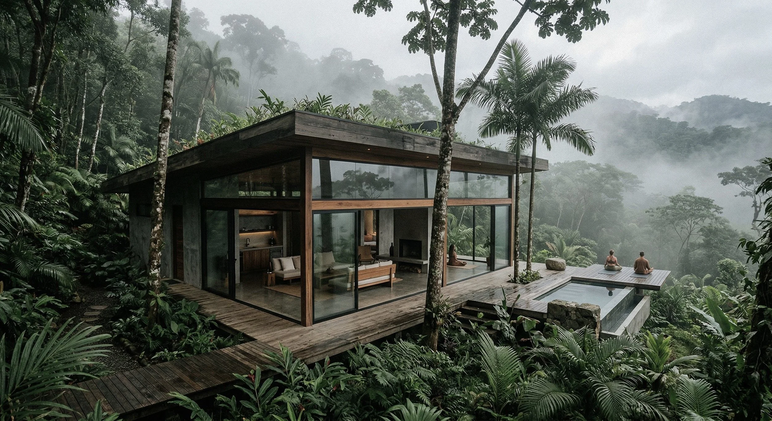 Sophisticated biophilic architecture of a modern longevity retreat inspired by the original Blue Zones of Costa Rica, emphasizing the fusion of nature and science.