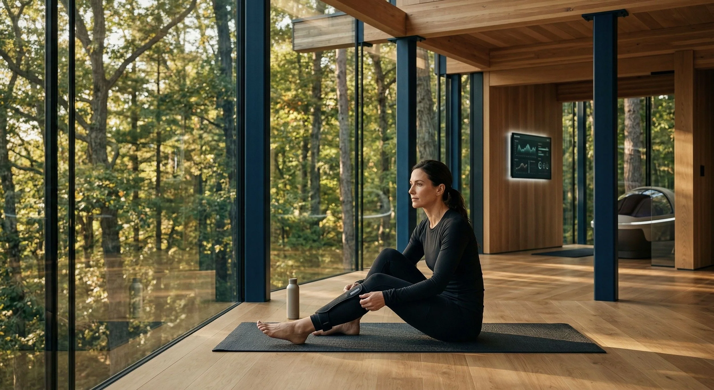 A prospective rejuvenation athlete visualizing her Vitality Horizon from a modern, biophilic studio, representing the founding membership waitlist for The Club in Lancaster, PA.