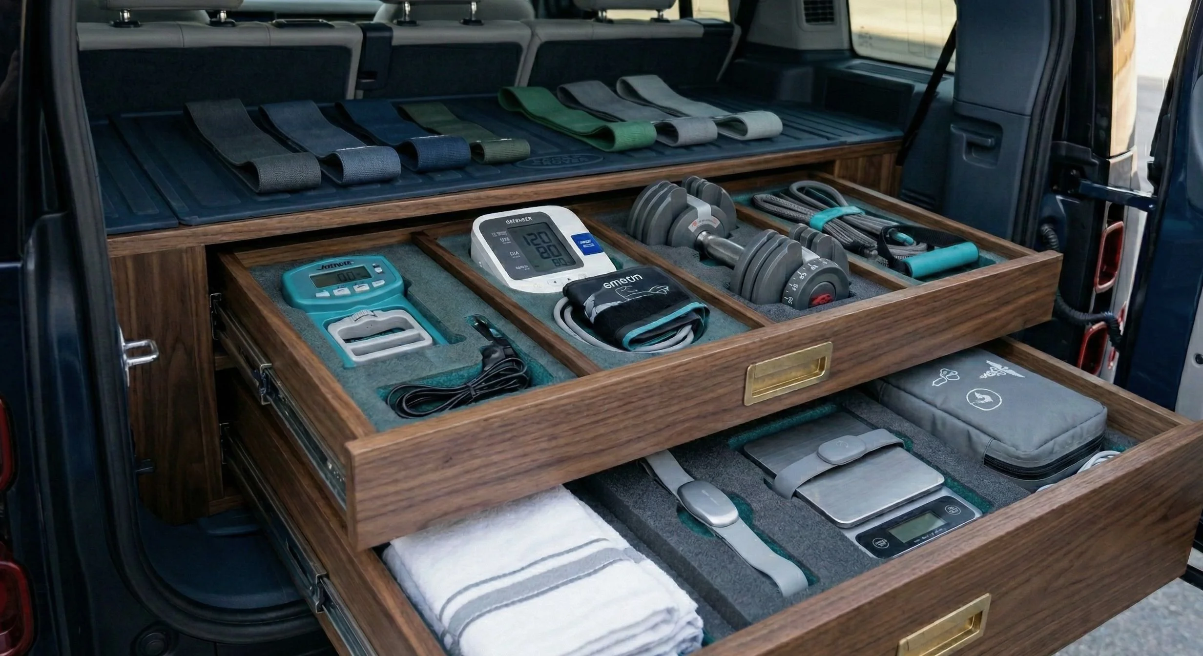 The organized cargo of an Outpace vehicle featuring precision metabolic testing tools and elite training gear for Zero-Friction Executive Delivery in Lancaster.