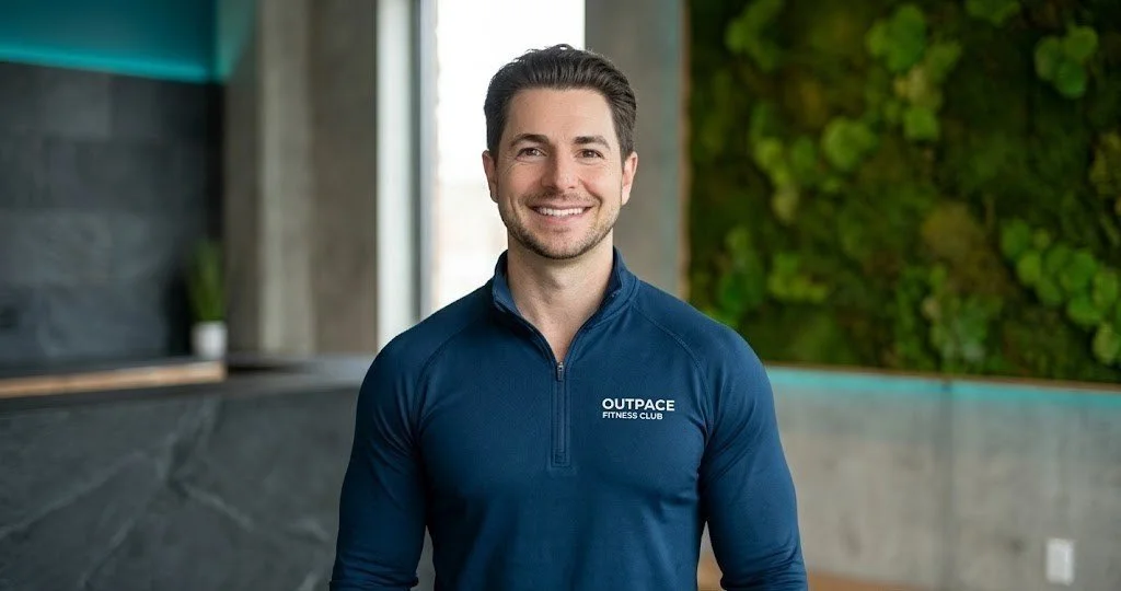 Scott Bridgehouse, CEO of Outpace Fitness Club, representing data-driven longevity training and clinical-grade in-home training in Lancaster, Pennsylvania, within a biophilic gym environment.