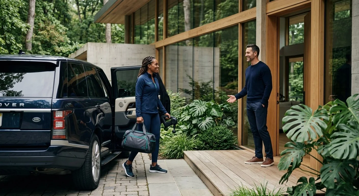 A professional Outpace longevity coach arriving at a client's home for a Zero-Friction Executive Delivery training session, representing elite concierge healthspan services.