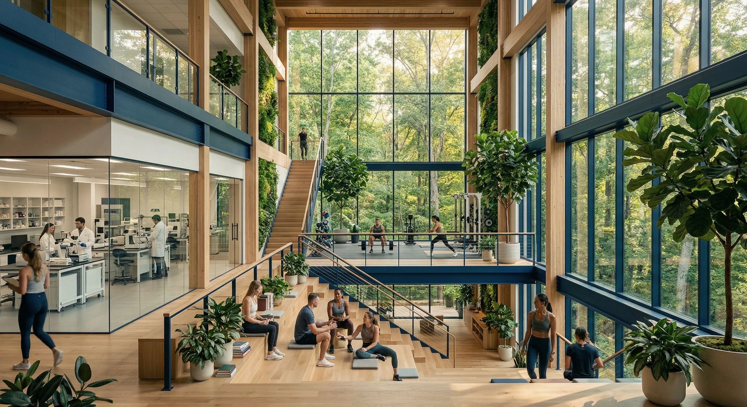 Interior of The Club, a centralized Lancaster hub for rejuvenation athletes featuring a modern Blue Zone environment with clinical testing labs and recovery spaces.
