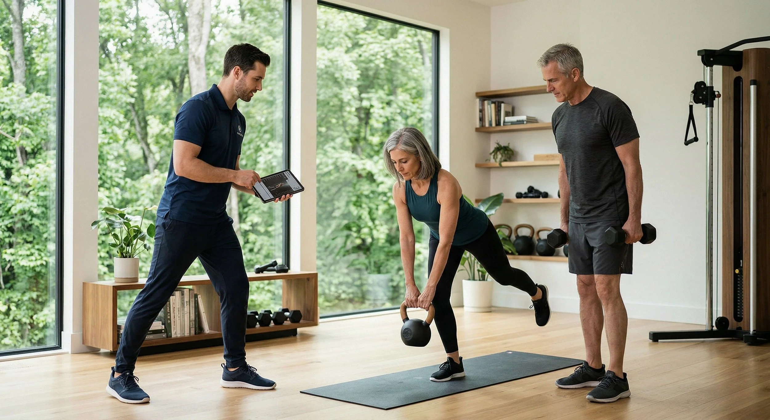 A professional Outpace mobile longevity trainer using clinical data to coach a couple during an Integrated Capacity Training session in a high-end home environment.