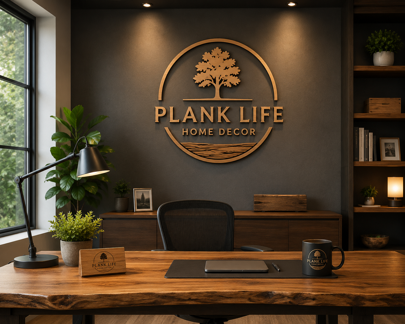 Modern office reception area with a dark gray wall featuring a wooden sign that reads 'Plank Life Home Decor,' with a tree and water design. The desk has a laptop, pen, black mug, and a wooden nameplate. To the left, there is a black desk lamp and a large potted plant near a window. Shelves on the right hold books, potted plants, and a small lamp.