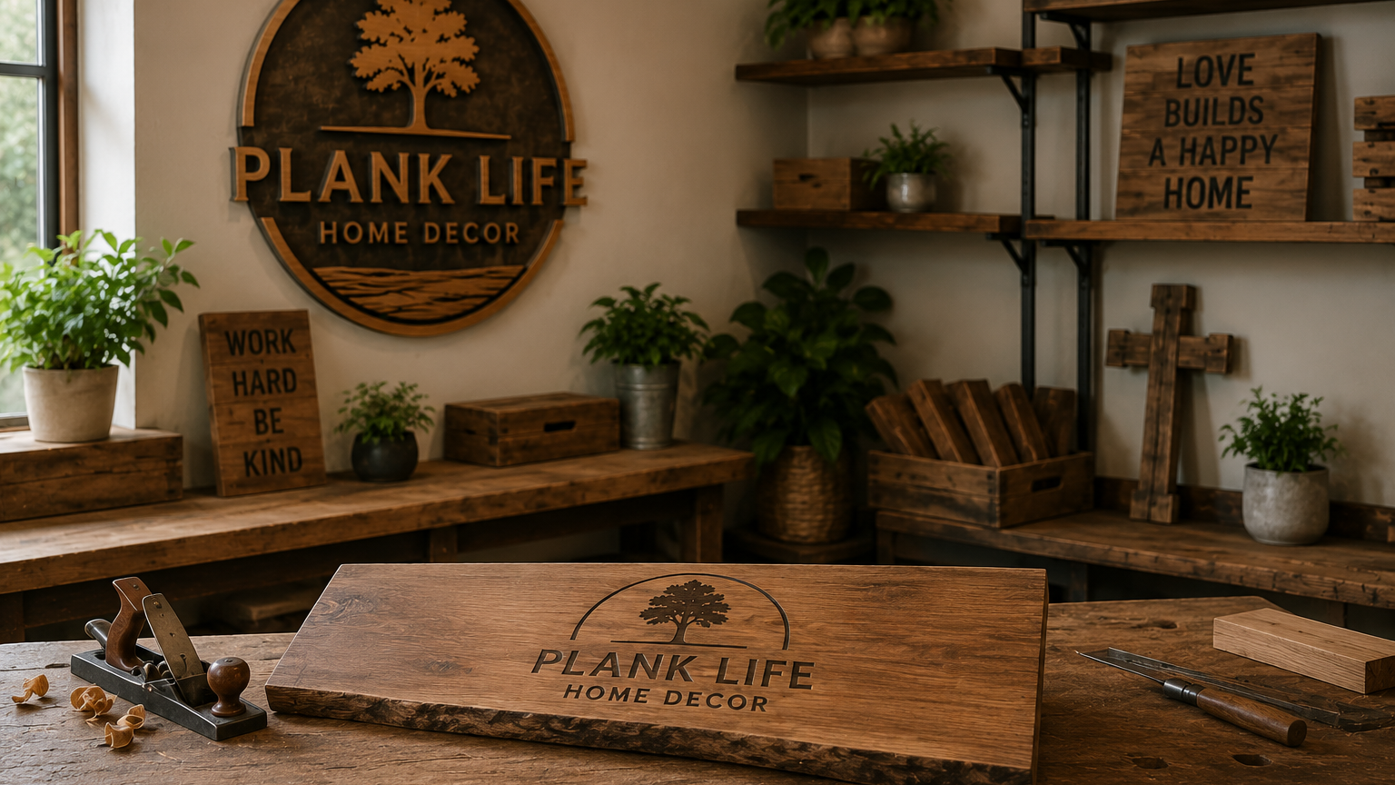 Interior of a woodworking or home decor shop with wooden signs and shelves, featuring PLAIN LIFE HOME DECOR branding, plants, and woodworking tools on a rustic wooden table.