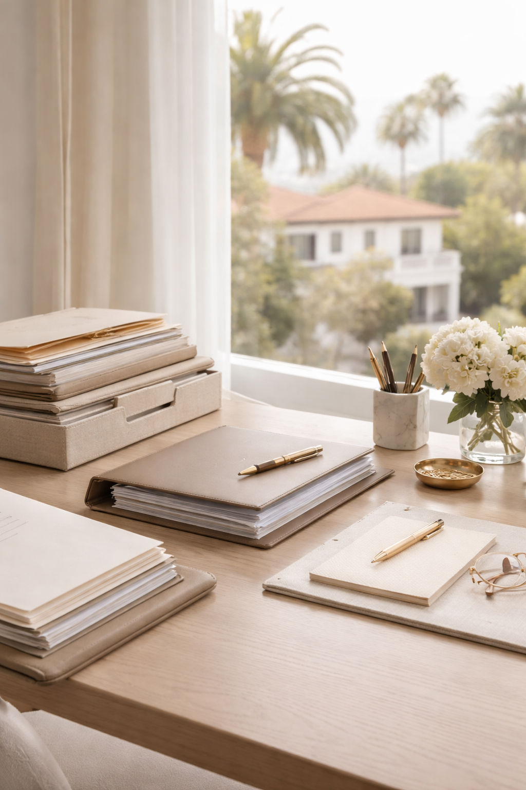 A tidy desk with folders, notebooks, pens, and a pair of eyeglasses near a window with palm trees and a house in the background.